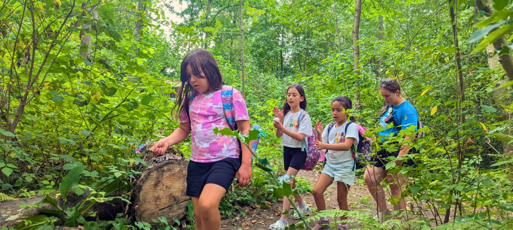 Youth walking in the Suwa'lkh Healing Forest with a Fresh Roots educator